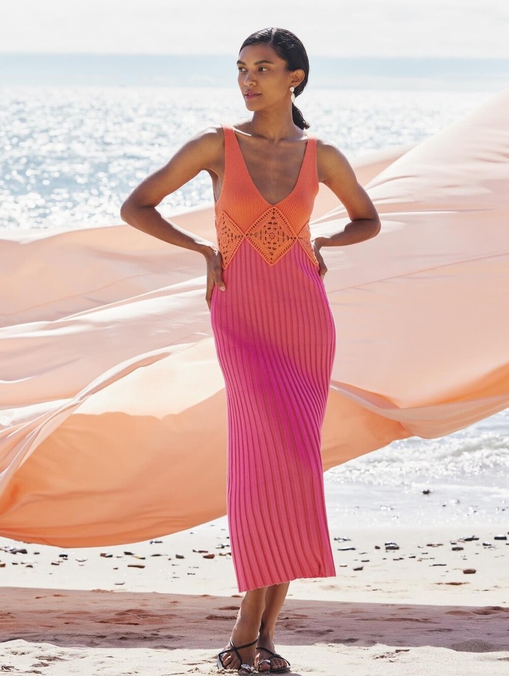 Rails Taryn Knit Crochet Bodycon Dress In Papaya Colorblock Pink Orange Small